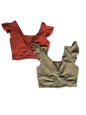 2pack Women’s Twist Front Flutter Sleeve Crop Top - Rust and Olive